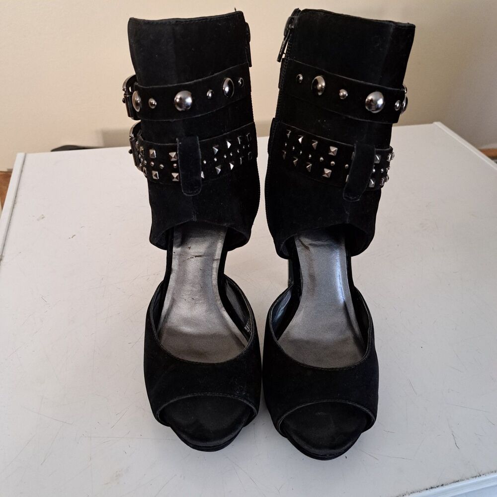 ANA Faux Suede Black Peep Toe Studs Ankle Zipper Stiletto heals 7.5M - Picture 3 of 13
